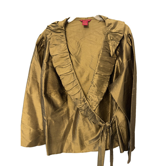 Sunny Leigh Blouse Womens 20W Gold Silk Wrap Ruffle Tie Front Dressy Top - Picture 1 of 6